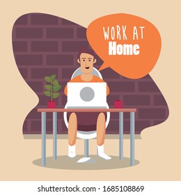 hombre que utiliza el trabajo en portátiles en el diseño de ilustración de vectores domésticos