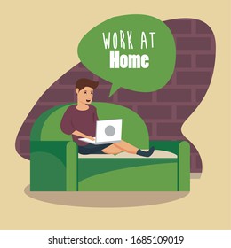 man using laptop work at home vector illustration design