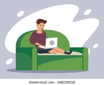 man using laptop work at home vector illustration design