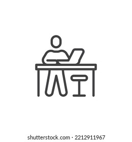 Man Using Laptop At Workspace Line Icon. Linear Style Sign For Mobile Concept And Web Design. Coworking Space Outline Vector Icon. Symbol, Logo Illustration. Vector Graphics