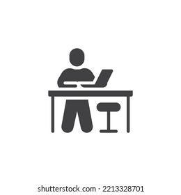 Man using laptop at workspace vector icon. filled flat sign for mobile concept and web design. Coworking space glyph icon. Symbol, logo illustration. Vector graphics