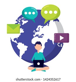man using laptop world messages social media vector illustration