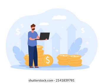 Hombre usando laptop. Un chico joven gana dinero, un empresario o un empresario desarrolla un proyecto. Alfabetización financiera y crecimiento de los ingresos de las empresas. Gráficos, gráficos y diagramas. Dibujo vectorial plano de dibujos animados