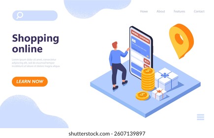 A man using a large smartphone for mobile shopping, surrounded by gift boxes, coins, and a location pin, in isometric style on a white background. Vector illustration