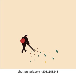 Man using a leaf-blower to clear leaves on a city street in the autumn dry time. Cleaning of the road in the park. Seasonal occupation concept. Vector illustration