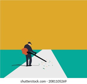 Man using a leaf-blower to clear leaves on a city street in the autumn dry time. Cleaning of the road in the park. Seasonal occupation concept. Vector illustration