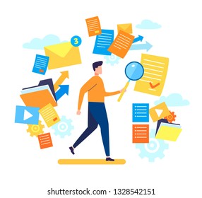Man Using magnifier, Reading Documents and E-mails Online, Searching Information. Cartoon flat Vector illustration. Entrepreneur or Freelancer Working in Virtual Office. Student Distance Education