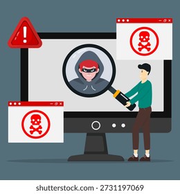 Un hombre usando una lupa para detectar a un hacker. Concepto de ataque cibernético con hacker identificado, alertas de advertencia y símbolo de cráneo rojo en la pantalla de la computadora.