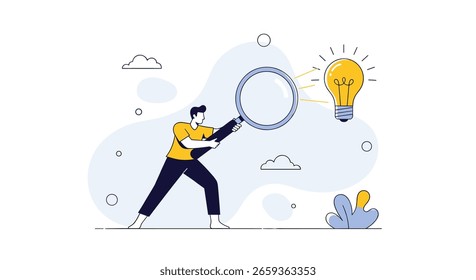 Man using magnifying glass to find a bright idea light bulb innovation discovery solution