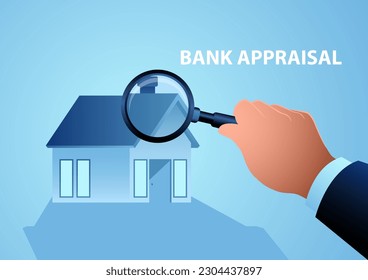 Man using magnifying glass inspecting a house, real estate house appraisal, vector illustration