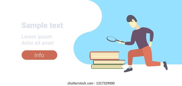 man using magnifying glass looking book stack searching detecting and analyzing concept male cartoon character full length flat copy space horizontal