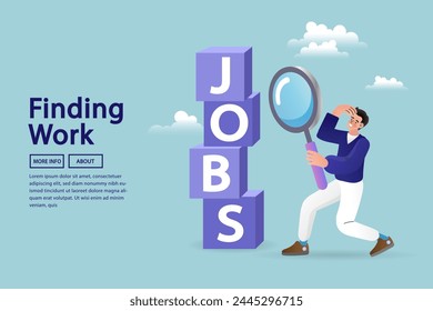 Man using magnifying glass to looking at stack of boxes with the word Jobs. Searching for jobs, recruitment or opportunity for candidate to finding right work and employer. Flat Vector Illustration.