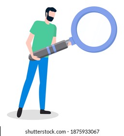 Man using a magnifying glass, person wants to carefully consider something. Bearded tall male character holding magnifier. Search for information and investigation, data analysis and research