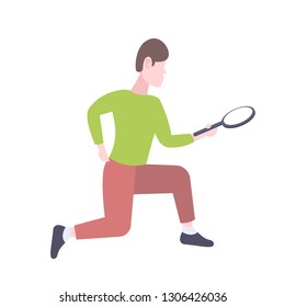 man using magnifying glass searching detecting and analyzing concept male cartoon character full length flat isolated
