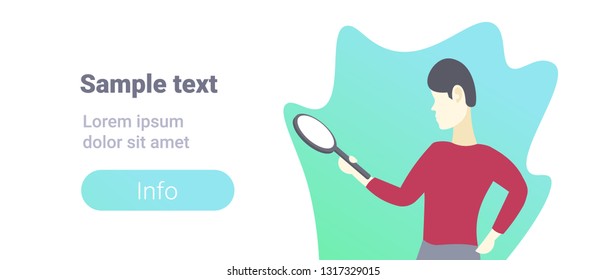 man using magnifying glass searching detecting and analyzing concept male cartoon character portrait flat copy space horizontal