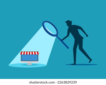 man using a magnifying glass to view an online store. Business analytics and search. concept of finance and investment