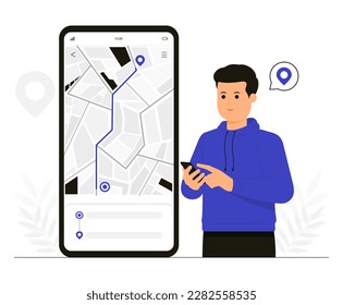 A man using map app for location tracking illustration