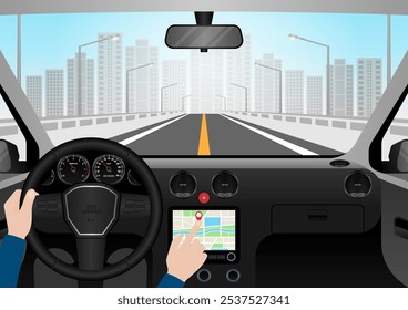 Man Using Map Application or GPS Navigation System in a Car while Driving. Vector Illustration. 