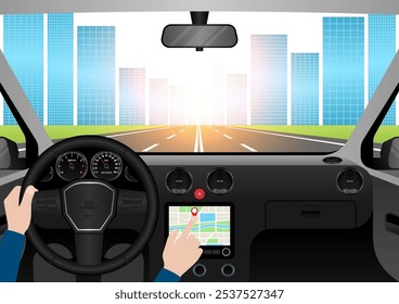 Man Using Map Application or GPS Navigation System in a Car while Driving. Vector Illustration. 
