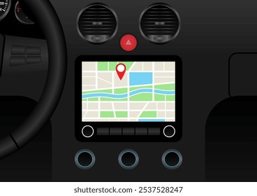 Homem usando aplicativo de mapa ou sistema de navegação GPS em um carro enquanto dirige. Ilustração de vetor. 