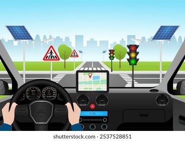 Man Using Map Application or GPS Navigation System in a Car while Driving. Vector Illustration. 