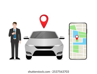 Man Using Map Application or GPS Navigation System on Smart Phone. Vector Illustration.