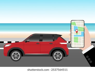Man Using Map Application or GPS Navigation System on Smart Phone. Vector Illustration.