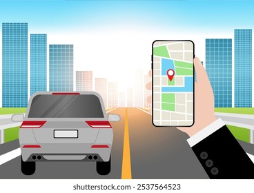 Man Using Map Application or GPS Navigation System on Smart Phone. Vector Illustration.