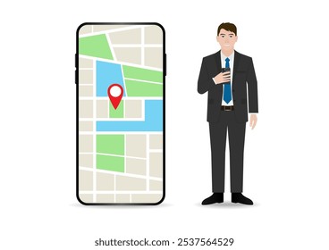 Man Using Map Application or GPS Navigation System on Smart Phone. Vector Illustration.