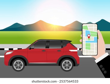 Man Using Map Application or GPS Navigation System on Smart Phone. Vector Illustration.