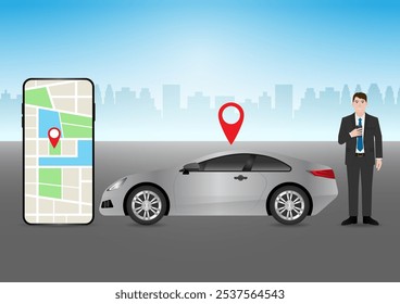 Man Using Map Application or GPS Navigation System on Smart Phone. Vector Illustration.