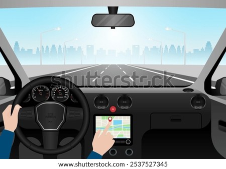 Man Using Map Application or GPS Navigation System in a Car while Driving. Vector Illustration. 