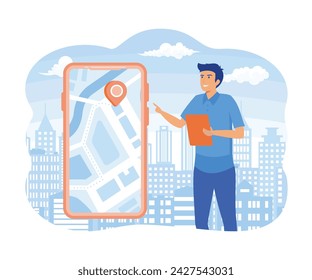 Man using maps app on cell phone. Male trying to navigate terrain, building route. Search by geolocation GPS navigator Tracking location of person Maps navigation with point marker. flat vector modern