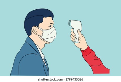 The man using a mask is being checked for his temperature.
