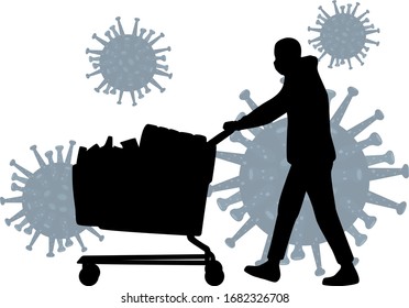 A man using medical masks on the background of coronavirus buy products. A man buy goods in a supermarket at the threat of coronavirus. Excitement at the grocery store.