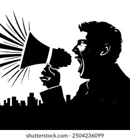 man using megaphone with city background. political campaign and vote concept.