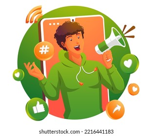 a man using megaphone Concept of internet promotion, social media marketing, digital advertisement