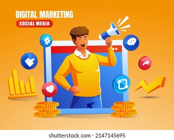 a man using a megaphone digital marketing social media concept