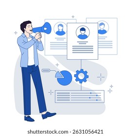Homem usando megafone para anúncio de contratação de emprego, cercado por currículos, gráficos e ícones de engrenagens, em estilo gráfico plano em fundo branco. Conceito de recrutamento. Ilustração vetorial