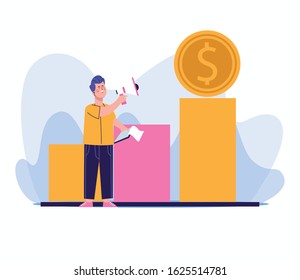 man using a megaphone and money coin on chart bar graph over white background, colorful design, vector illustration