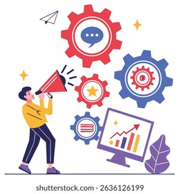 Man using megaphone to promote business growth and communication