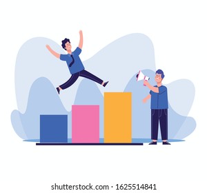 man using a megaphone and man running on chart bar graph over white background, colorful design, vector illustration