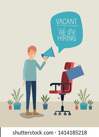 man using megaphone with we are hiring message in the office