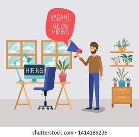 man using megaphone with we are hiring message in the office