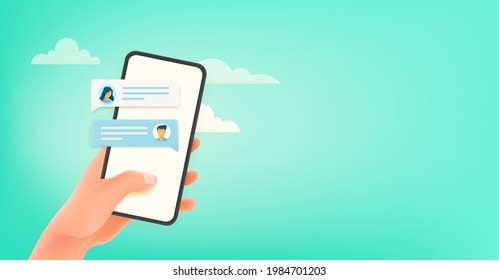 Man using messenger via modern smartphone. Horizontal banner with copy space