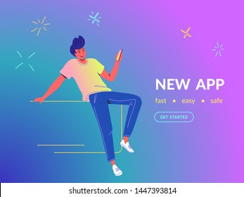 Man using mobile app concept vector illustration of young guy sitting with smartphone and using a new mobile app for social media and tracking news. Happy bright people on gradient background