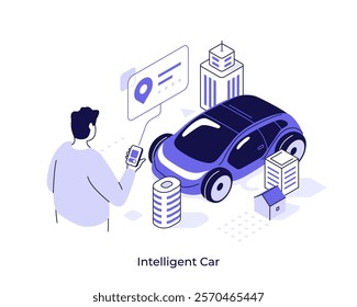 Man using mobile app controlling modern vehicle in city. Intelligent car concept isometric vector illustration. Passenger choosing route for automobile riding cartoon objects composition