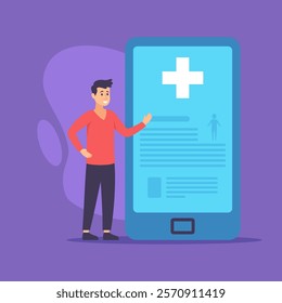 Man using mobile app to get doctors consultation online vector illustration. Huge smartphone and male patient. Online doctor app, modern medicine and healthcare concept