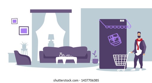 man using mobile app online market shopping concept guy with trolley cart buying gift box modern living room interior sketch doodle horizontal full length