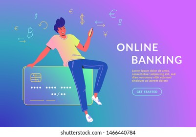 Man using mobile app for online banking. Concept vector illustration of young girl sitting on big credit card with smartphone and using a mobile app for electronic banking and financial accounting